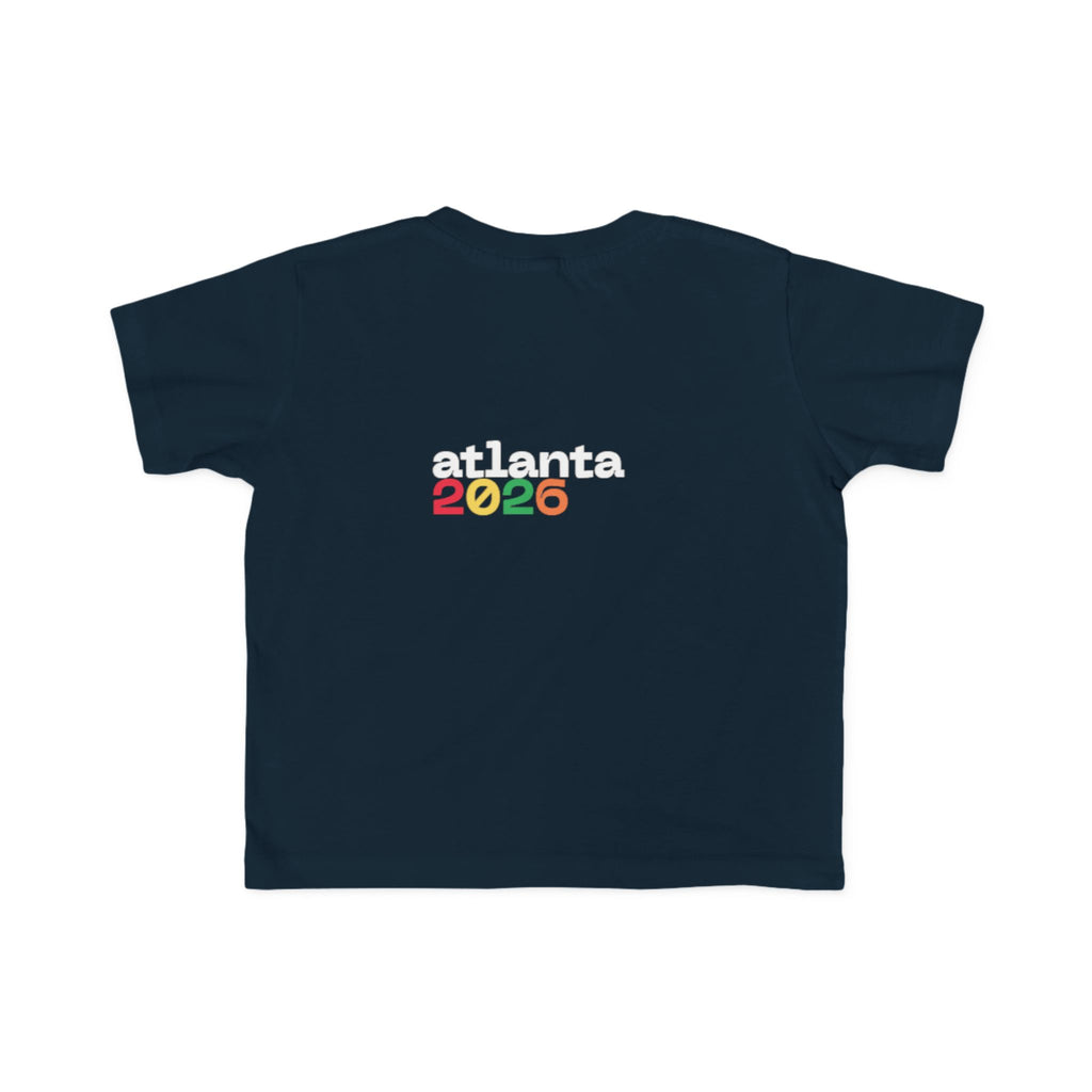 Toddler Tee — 'just here for the futbol' Soccer Baby Shirt (Atlanta 2026)