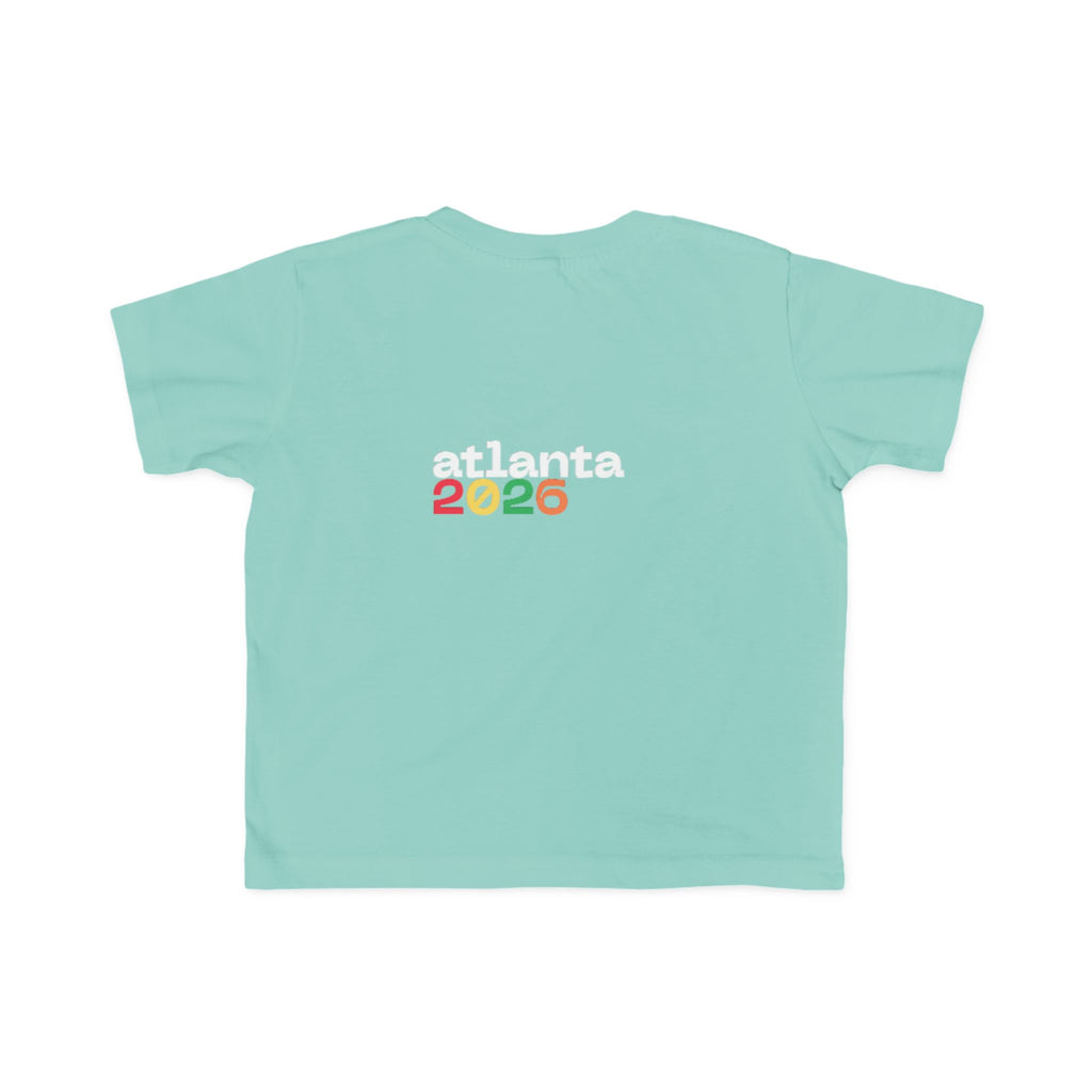 Toddler Tee — 'just here for the futbol' Soccer Baby Shirt (Atlanta 2026)