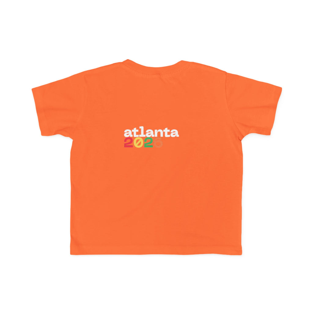 Toddler Tee — 'just here for the futbol' Soccer Baby Shirt (Atlanta 2026)